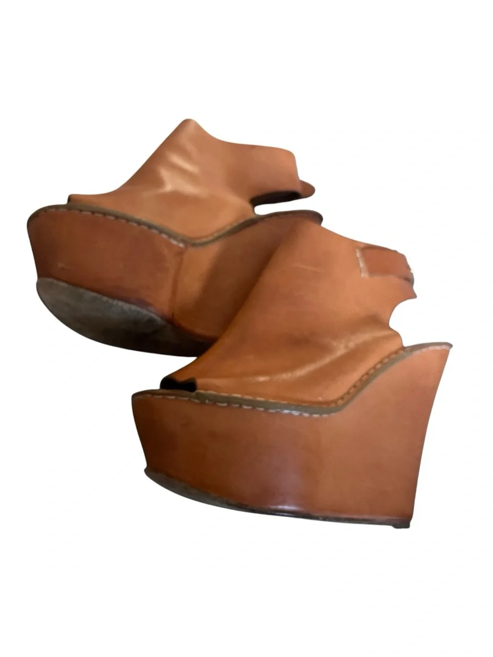 Chloe Tan Leather Platform Wedge Sandals 6.5